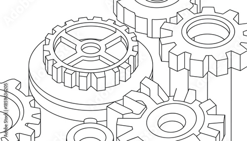 Mechanical gears and cogs vector illustration, technical line art sketch of 3D interlocking gear wheels and industrial machinery parts