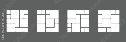 Vector collage for photos. Picture frame. Vector blank in bento grid system. Bento style layout grid templates. Web comics grids, various panel arrangements and different size tiles vector set. EPS 10