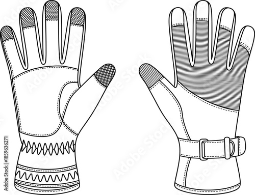 Black and white technical glove illustration showing palm and back views, textured touchscreen fingertips, stitched seams, adjustable wrist strap, detailed design