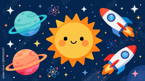 Cartoon space scene with sun planet rocket
