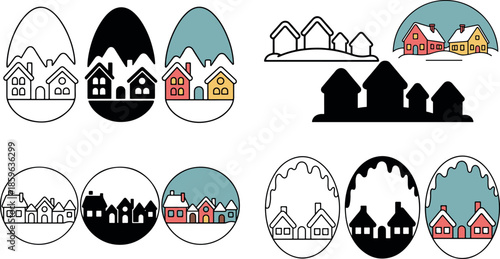various house icons in white black and color on white background