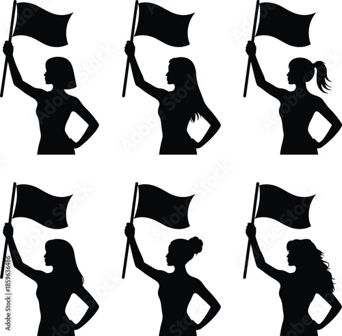 Silhouettes of women holding flags in a dynamic display of unity and protest