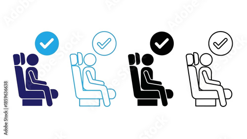 Set of four stylized icons depicting a person seated in a chair with a checkmark indicating approval or confirmation