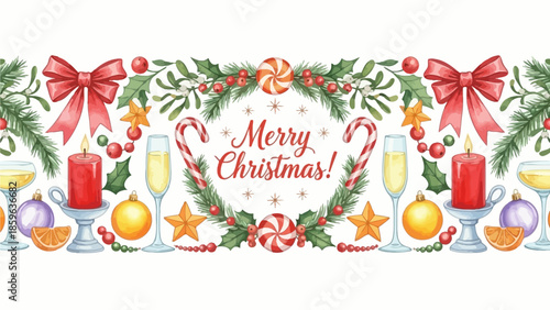 Festive Merry Christmas Border with Holiday Decorations and Sparkling Drinks