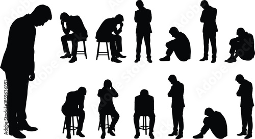 Depressed business man silhouette set illustrating stress, anxiety, burnout, mental health struggle, sadness, loneliness, psychology concept, isolated white background, minimal