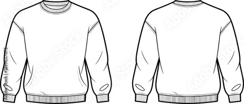 Crewneck sweatshirt technical drawing, long sleeve pullover illustration, front and back view, fashion flat sketch, apparel template
