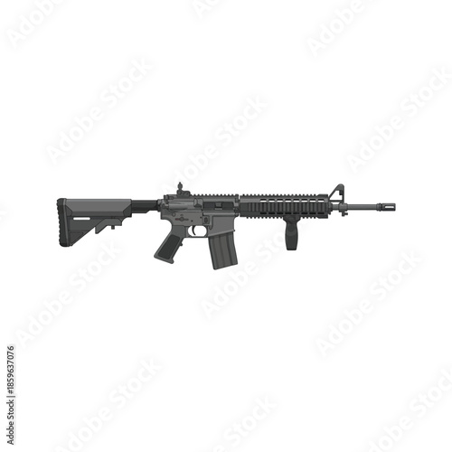 Automatic military assault rifle isolated on white background featuring a black metal barrel and professional firearm design for army or shooting sports illustration