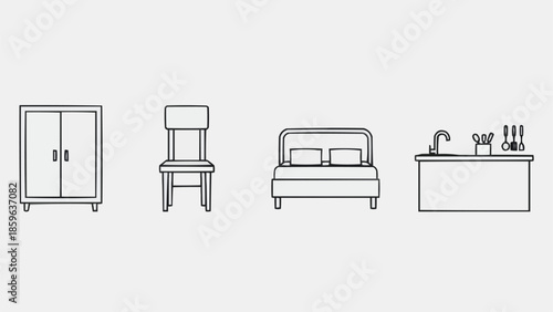 Simple Line Drawings of Household Furniture and Fixtures.