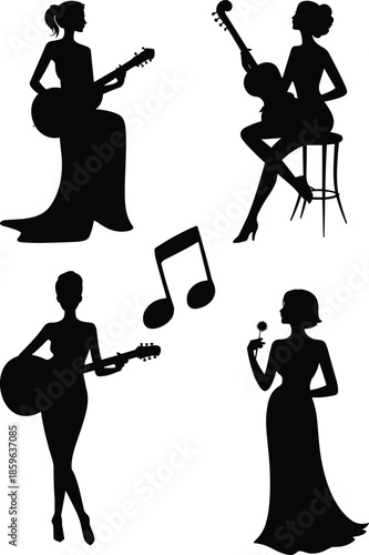 Silhouettes of women musicians playing instruments and singing with musical notes
