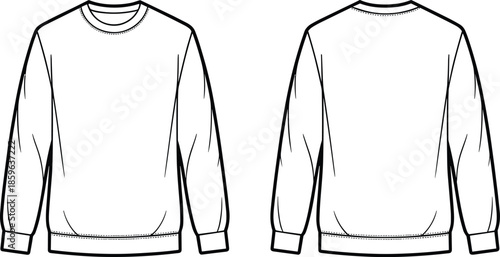 Crewneck sweatshirt technical drawing, long sleeve pullover illustration, front and back view, fashion flat sketch, detailed apparel template