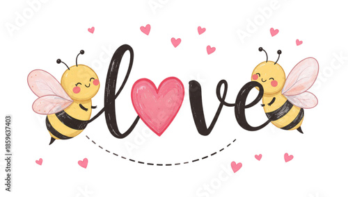 Cute Bees Love Heart Valentine's Day Greeting Card Design for Kids and Sweethearts