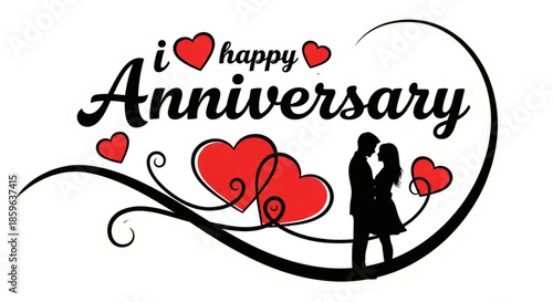 Romantic Couple Silhouette Celebrating Happy Anniversary Love Heart Design for Invitations and Cards