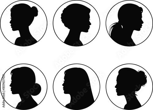 Six diverse female silhouettes in circular frames representing different hairstyles
