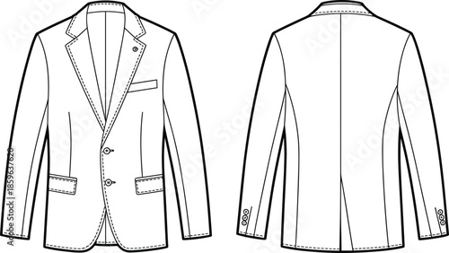 Detailed Line Drawing of a Classic Men's Blazer Jacket with Single Breasted Design and Stylish Tailored Fit for Fashion Illustration