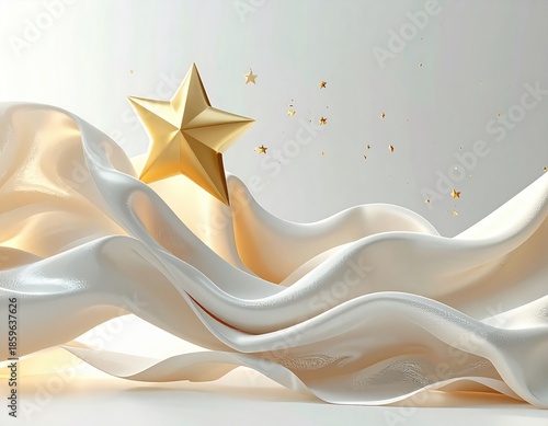 Golden Star Floating Above Flowing White Satin Fabric with Glittering Confetti Accents Against a Softly Lit Gradient Background