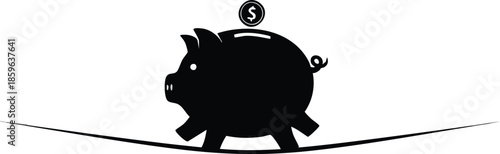 Moneybox concept: Piggy banks on tightrope. Balancing savings. Financial stability.