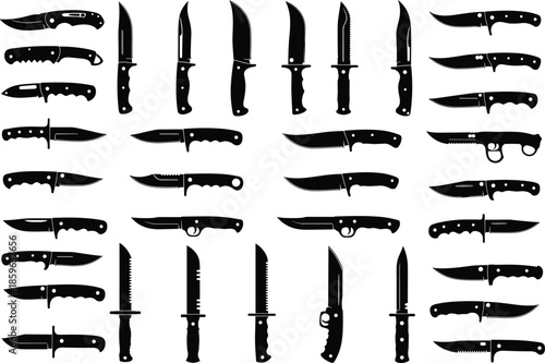 Collection of survival knife silhouettes including tactical blades hunting knives pocket folders and combat daggers for outdoor camping and military gearPrint