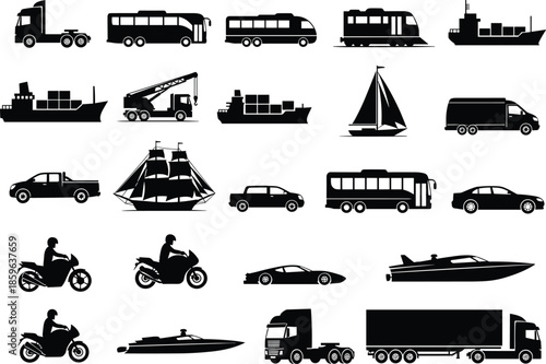 Collection of transportation icons silhouette set including trucks buses cars motorcycles ships boats and heavy industrial vehicles for logistics and shipping