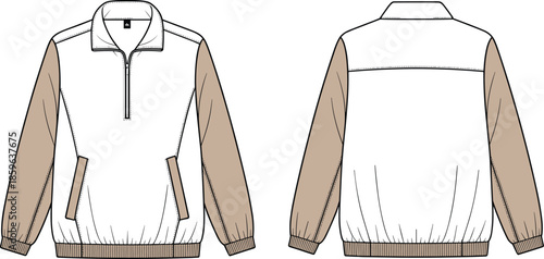 Half zip pullover jacket technical illustration, front and back view fashion flat sketch casual sporty outerwear apparel design template