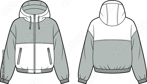 Hooded jacket fashion sketch, technical illustration, color block design, zipper pockets, ribbed cuffs, front and back view garment reference