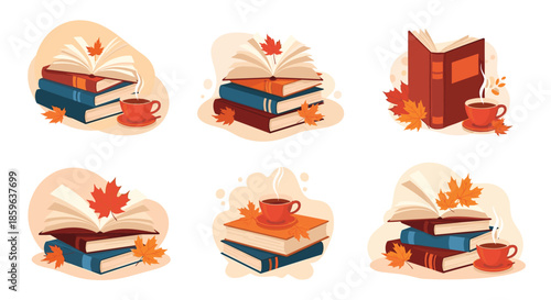 Cozy autumn reading mood with stacks of books and steaming tea and scattered maple leaves around a warm intimate reading space.