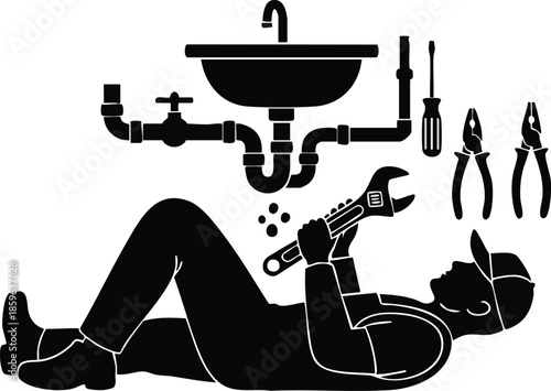 Plumbing service icon. Repairman silhouette under sink with wrench. Home maintenance.