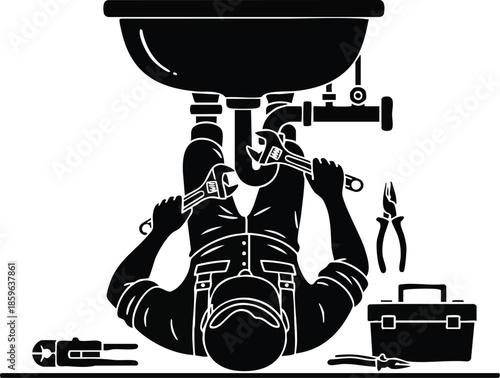 Plumbing Icon: Plumber Fixing Pipes. Tools and sink illustration. Home repair concept.