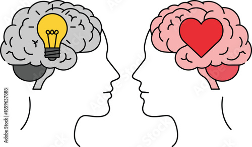 Human mind concept illustration showing logic and emotion, brain with light bulb and heart, psychology, decision making, thinking balance, choice