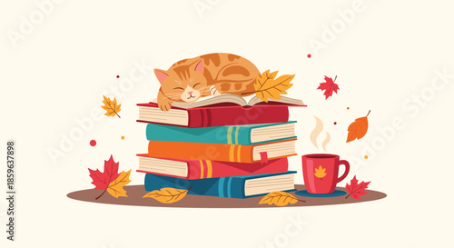 Cozy autumn reading scene shows a sleeping cat resting on a stack of colorful books beside falling leaves and a steaming mug.