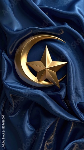 Golden Crescent Moon and Star Emblem Adorned on Deep Blue Satin Fabric with Subtle Sparkles and Dramatic Lighting