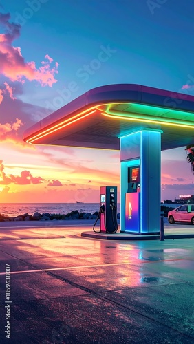 Dreamy gas station at dusk, neon lights glow, wet pavement reflects hues of pink and orange sky