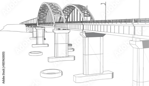 Modern arched bridge vector illustration, technical line art sketch of a steel infrastructure bridge with concrete pillars over water