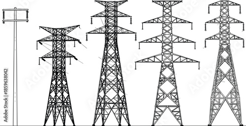 15 Single Words: tower, electricity, transmission, pylon, vector, energy, voltage, infrastructure, industrial, power 