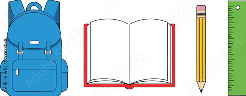 Set of 4 school supplies flat design backpack open book pencil and ruler