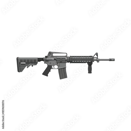 Automatic M16 assault rifle and military machine gun weapon isolated on white background for army shooting and war illustration