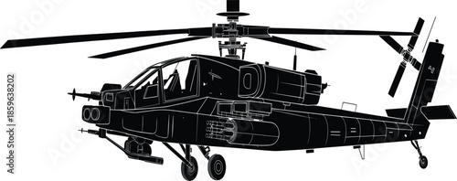 Military attack helicopter vector illustration, silhouette of an armed gunship with rotary blades and landing gear