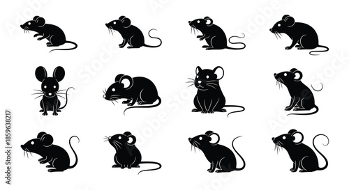 Collection of black mouse silhouettes in various poses on a white background