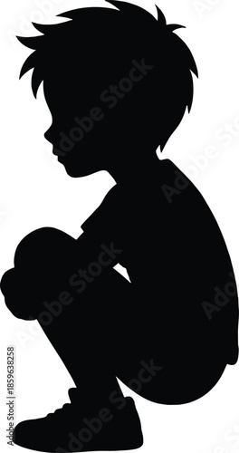 Sad child silhouette illustration showing loneliness, depression, mental health struggle, emotional pain, anxiety, trauma, psychology concept, isolated white background