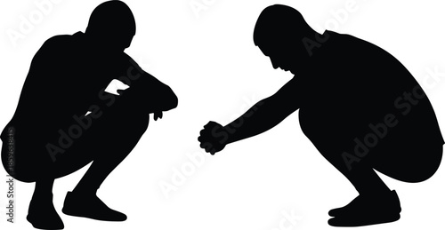 Two depressed people silhouette illustration showing emotional support, empathy, mental health struggle, connection, sadness, psychology concept, isolated white background, minimal