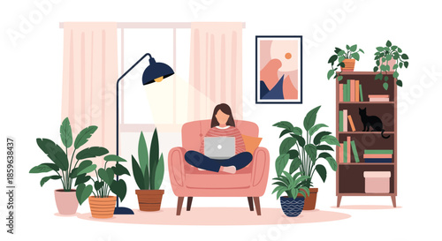 Woman sits on a pink armchair and works on a laptop in a cozy living room with plants a tall floor lamp and a bookshelf with art.
