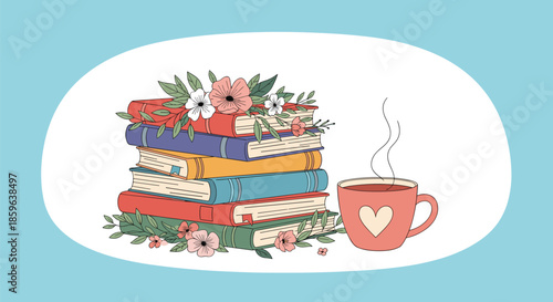 Cozy afternoon scene features a colorful stack of books surrounded by flowers and a steaming mug with a heart emblem inviting quiet reading.