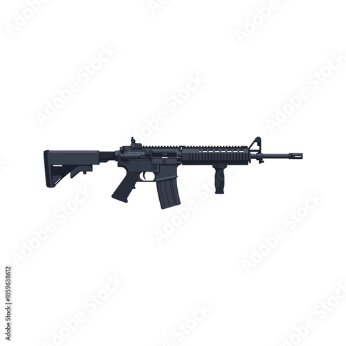 Vector illustration of a black automatic M4 assault rifle and machine gun isolated on white background for military army and war shooting concepts