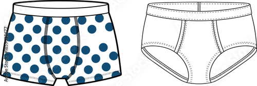 Men's underwear comparison, navy polka dot boxer briefs and classic white briefs, detailed stitching, front and side views, studio product photo