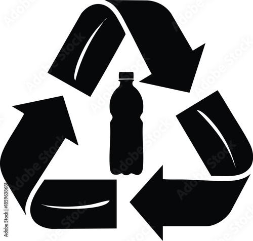 Recycling Symbol: Pictorial mark + Plastic Bottle + Ecology. Symbol of recyclable materials and waste reduction. Environment protection concept.