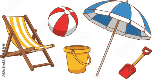 Set of 5 beach items flat vector deck chair beach ball sun umbrella bucket and shovel