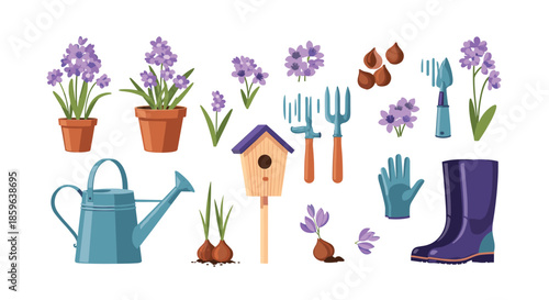Colorful garden scene featuring potted lavender plants a wooden birdhouse gardening tools gloves boots and soil care imagery.