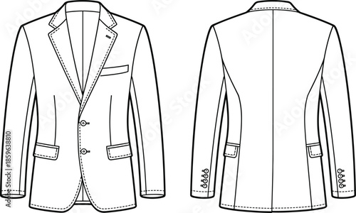 Men’s blazer technical fashion sketch, front and back view, notched lapel, flap pockets, button cuff detail, garment design template