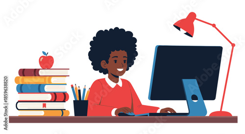 Young student sits at a desk surrounded by stacked books and a computer monitor while studying with pencils and a red desk lamp nearby.