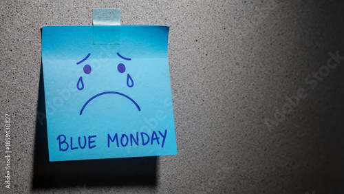 Sad face sticky note, emotional representation of Blue Monday feelings, copy space