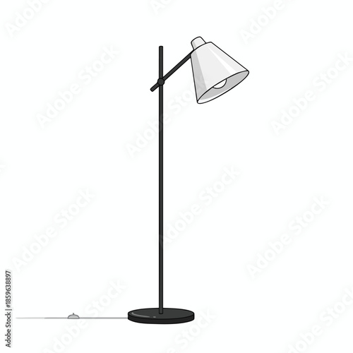A tall, modern lamp illustration with a simple conical shade and base on white